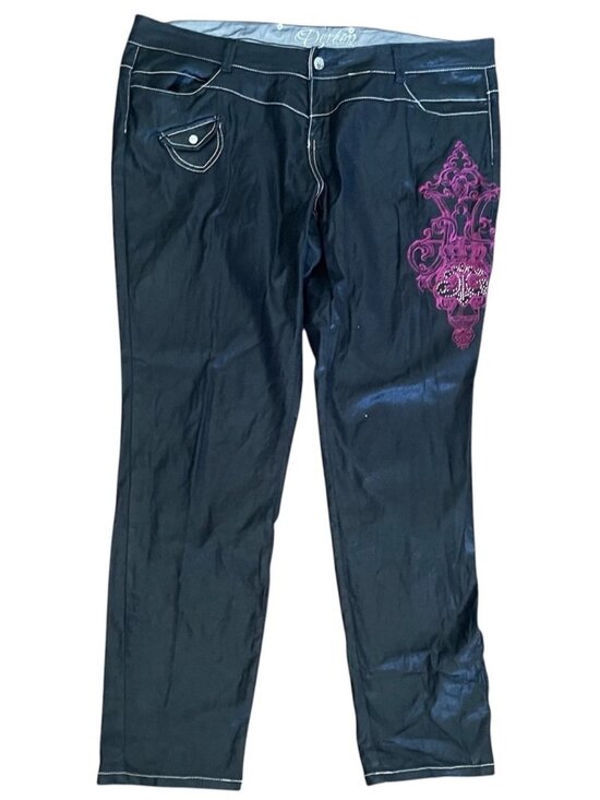Dereon Denim - Dereon Womens Plus Size 20W Black Shiny Denim Purple Embroidery Skinny Jeans